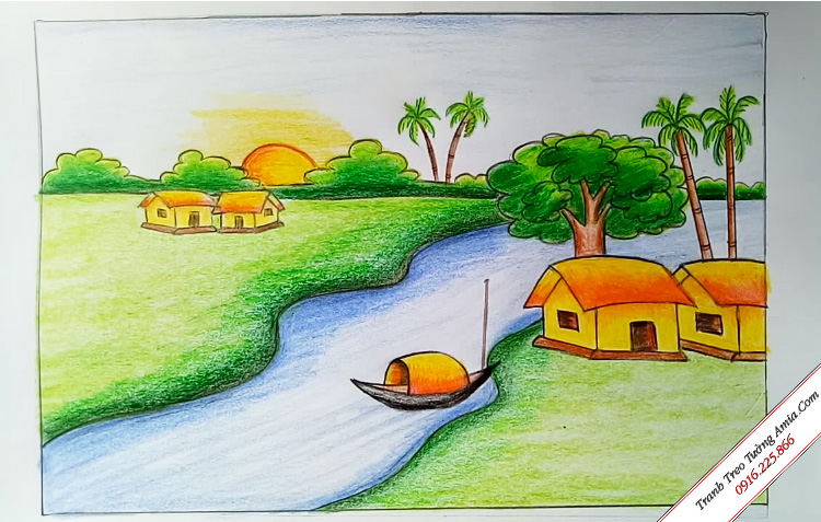 Vẽ tranh phong cảnh núi sông đơn giản  Village scenery with oil pastels  step by step  YouTube