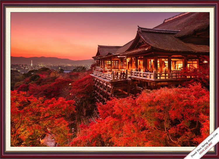 tranh phong canh nhat ban chua Kiyomizu-dera luc hoang hon
