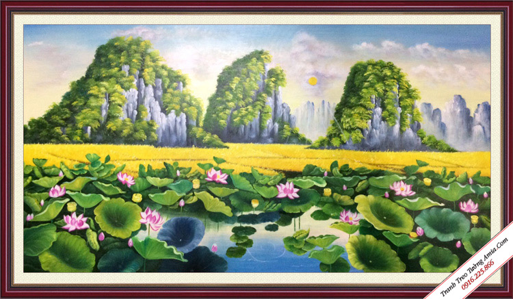 tranh ve hoa sen bang son dau phong canh trong dam