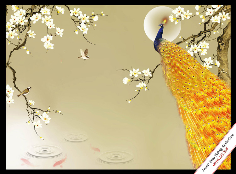 tranh treo phong khach hoa mai trang va chim cong