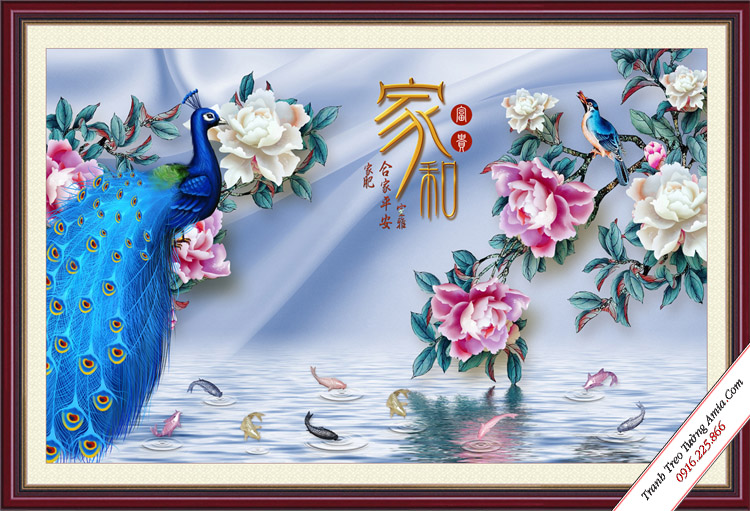 tranh dep hoa mau don va chim cong xanh