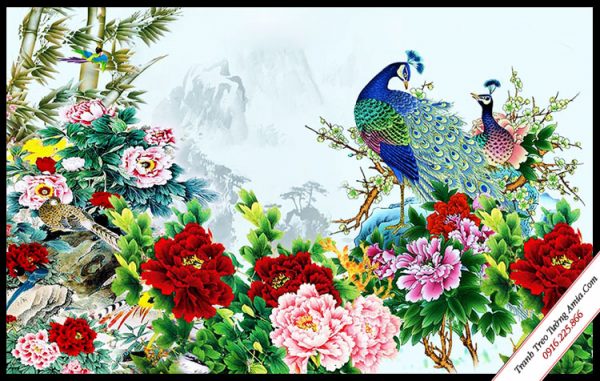 tranh doi chim cong va hoa mau don treo tuong in canvas