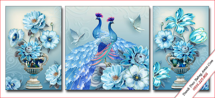 tranh doi chim cong xanh va binh hoa treo tuong