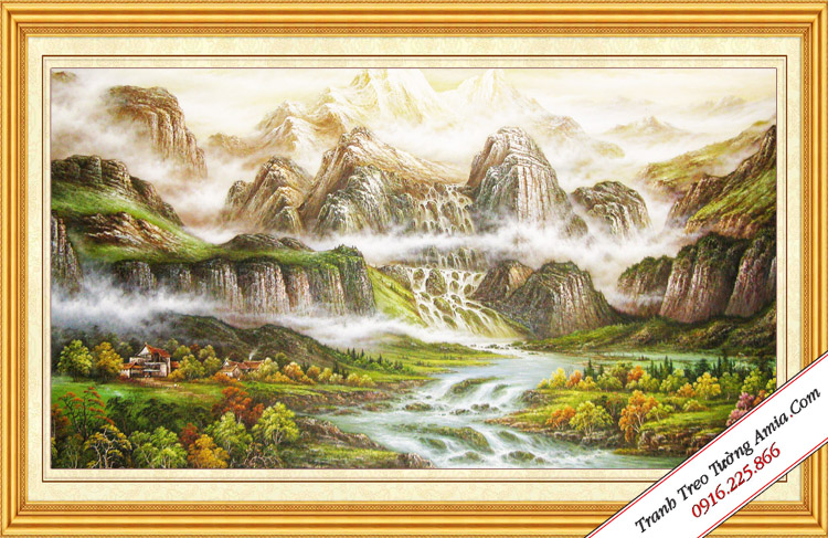 Tranh phong cảnh thác nước hùng vĩ trong sương đầy thơ mộng AmiA 614
