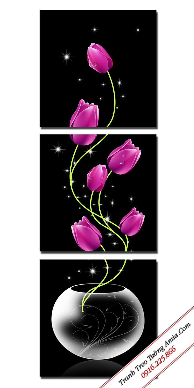 bo tranh binh hoa tulip 3 tam in ep go kho dung
