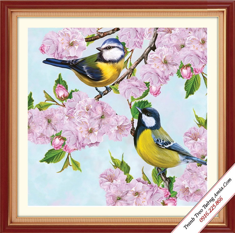 tranh doi chim uyen uong tren nhanh hoa mua xuan treo phong ngu