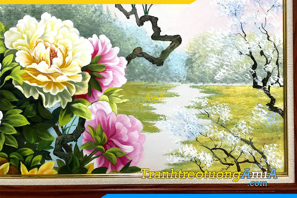 Hình ảnh Bức tranh hoa mẫu đơn vẽ sơn dầu chụp chi tiết AmiA TSD 629