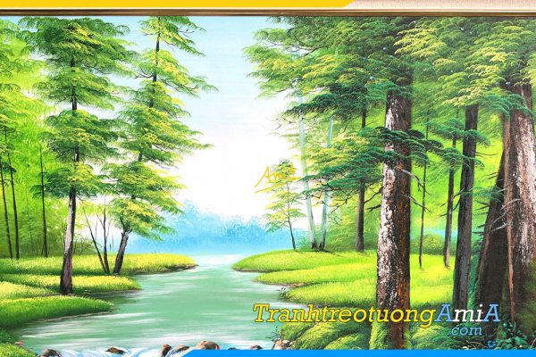 Hình ảnh Chụp cận cảnh bức tranh sơn dầu cảnh rừng cây suối nước AmiA TPK TSD381
