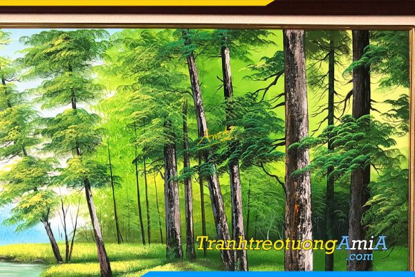 Hình ảnh Chụp cận cảnh chi tiết bức tranh vẽ sơn dầu phong cảnh rừng cây AmiA TPK TSD381