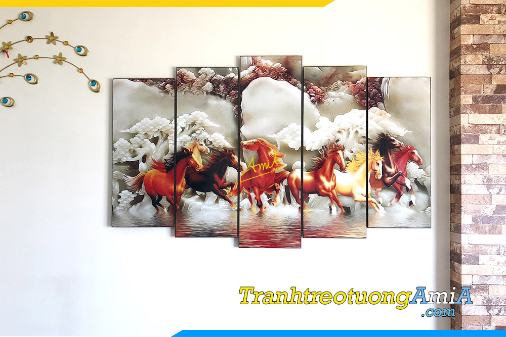Hình ảnh Tranh ngựa phi nước đại bộ 5 tấm treo phòng khách AmiA NGUA 1435