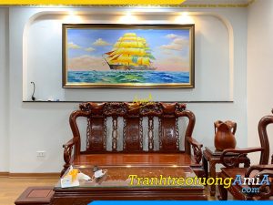 Hình ảnh Tranh sơn dầu thuyền vàng trên biển treo phòng khách AmiA TSD 642