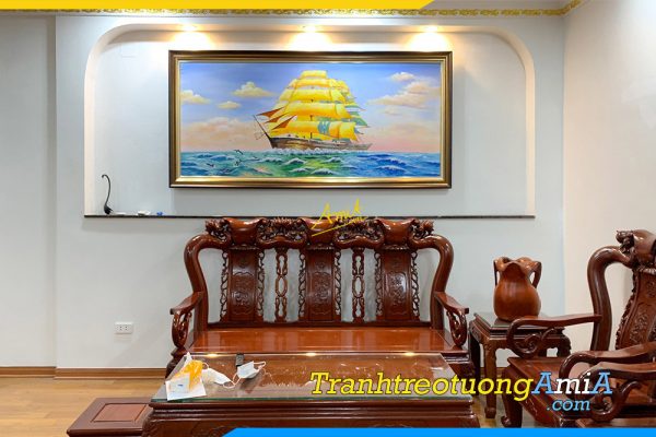 Hình ảnh Tranh sơn dầu thuyền vàng trên biển treo phòng khách AmiA TSD 642
