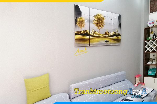 Hình ảnh Tranh treo phòng khách 3 tấm canvas rừng vàng đàn hươu AmiA CVAK 110