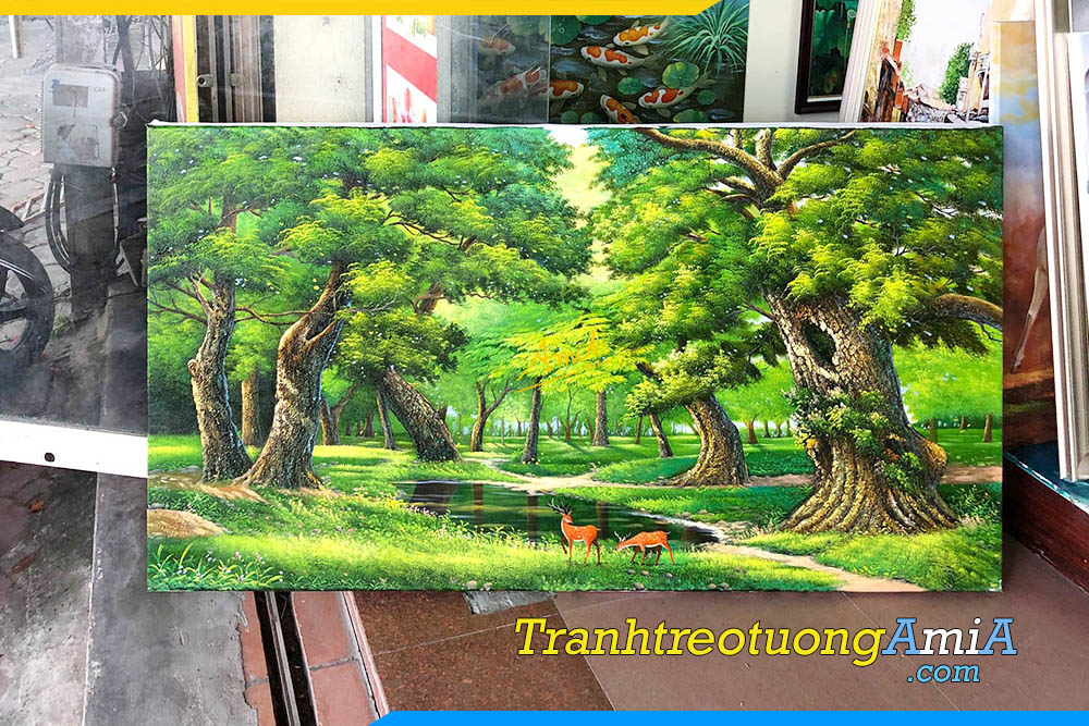 Hình ảnh Tranh treo tường phòng khách vẽ sơn dầu cảnh rừng cây xanh mát AmiA TSD 626