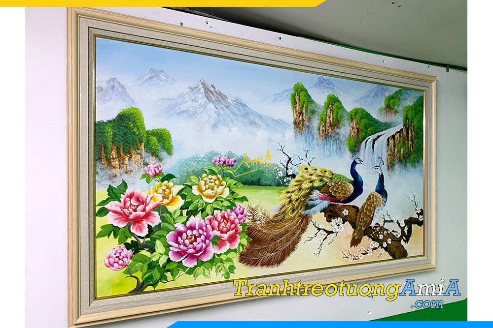 Hình ảnh Tranh treo tường vẽ sơn dầu đôi chim công đã lên khung AmiA TSD 632