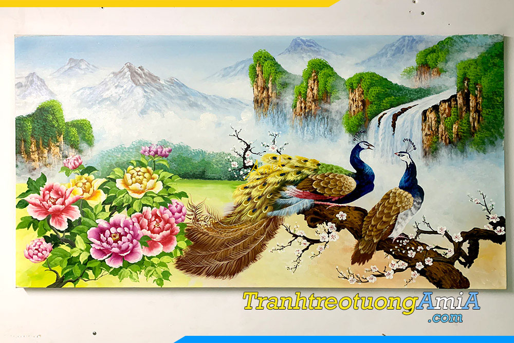 Hình ảnh Tranh vẽ sơn dầu đôi chim hoa mẫu đơn chưa lên khung AmiA TSD 632