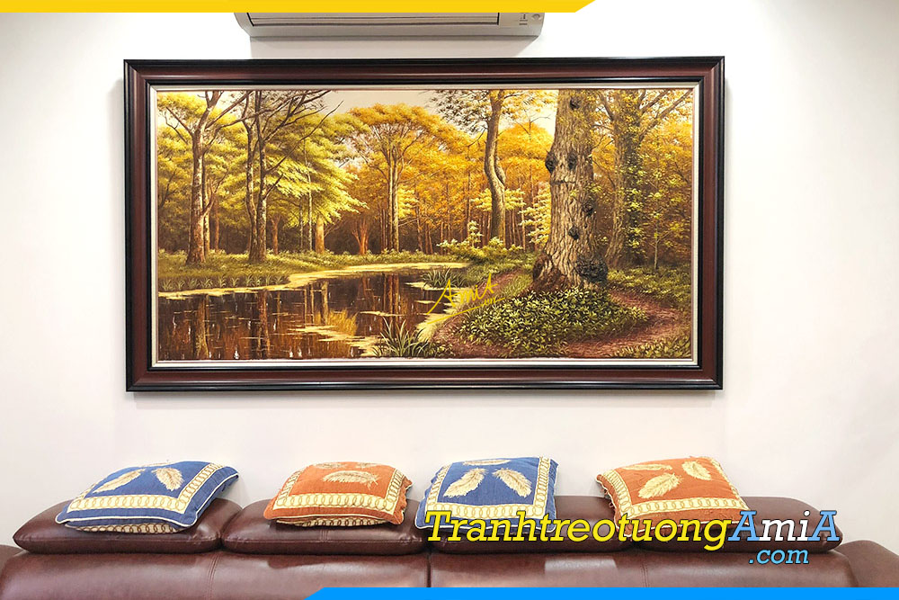 Hình ảnh Tranh vẽ sơn dầu treo phòng khách cảnh rừng cây AmiA TSD 512