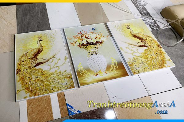 Hình ảnh Bộ tranh đôi chim công màu vàng ghép bộ 3 tấm đẹp ý nghĩa AmiA 1882