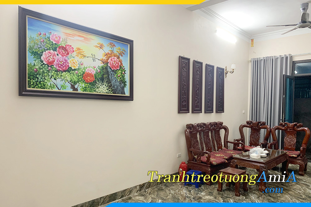 Hình ảnh Bức tranh sơn dầu hoa mẫu đơn treo tường phòng khách đẹp AmiA TSD 444