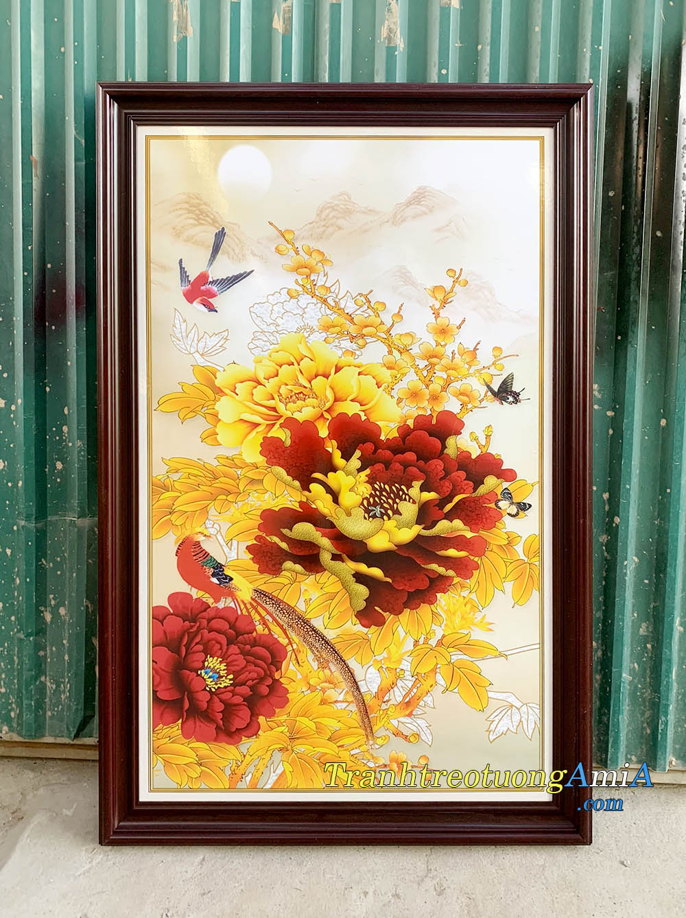 Hình ảnh Tranh hoa mẫu đơn vàng đỏ khổ dọc treo tường đẹp AmiA 2092