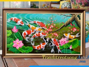 Hình ảnh Tranh phòng khách vẽ sơn dầu cá chép hoa sen AmiA TSD 542