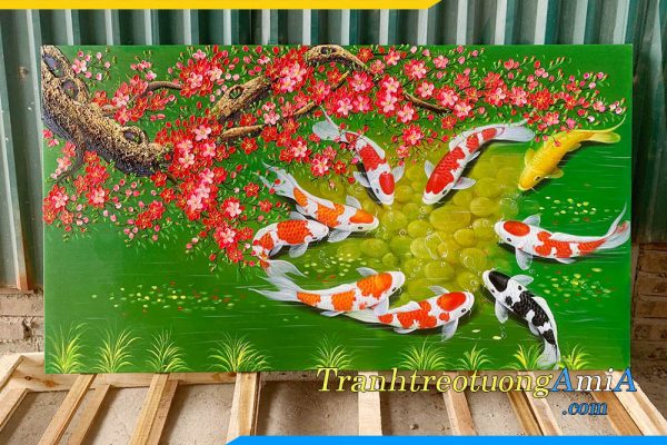Hình ảnh Tranh sơn dầu cá chép hoa đào vẽ sơn dầu treo phòng khách đẹp AmiA TSD 458