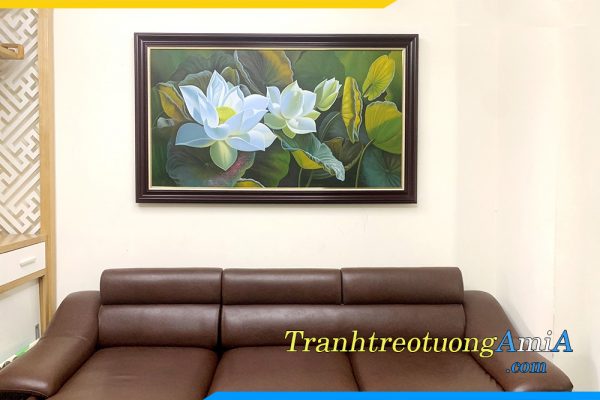 Hình ảnh Tranh sơn dầu phòng khách đẹp chủ đề hoa sen trắng AmiA TSD 522