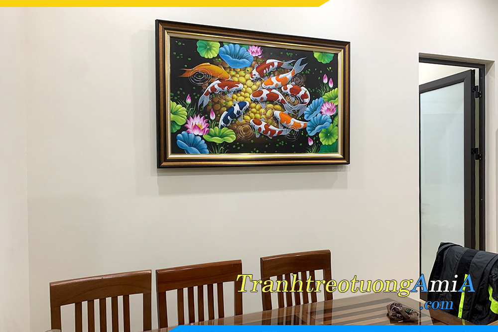 Hình ảnh Tranh sơn dầu treo tường bàn ăn đẹp sang trọng cá chép cửu ngư AmiA TSD 207