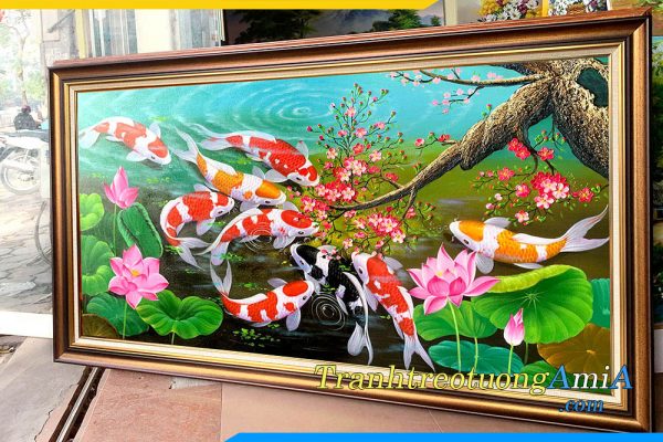 Hình ảnh Tranh vẽ sơn dầu cá chép hoa sen cành đào đẹp AmiA TSD 542