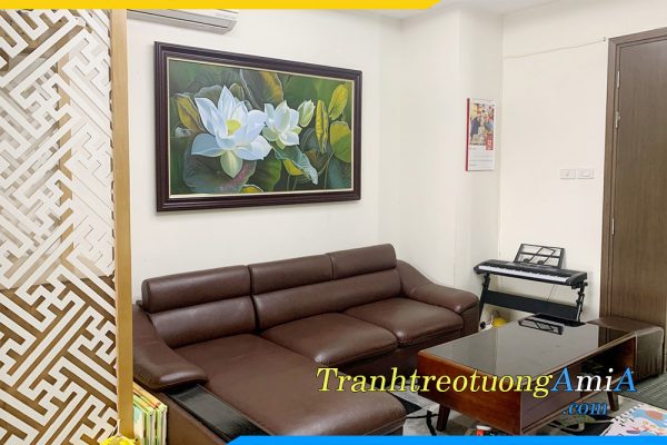 Hình ảnh Tranh vẽ sơn dầu hoa sen trắng trang trí phòng khách AmiA TSD 522